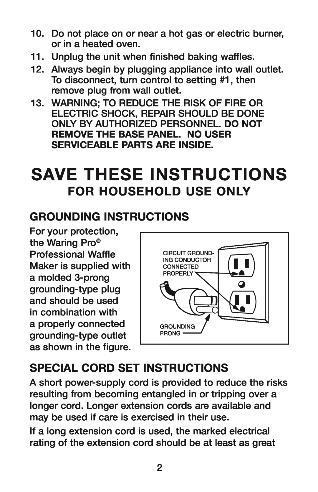 Waring IB8465 manual Save These Instructions, Grounding Instructions, Special Cord Set Instructions, For Household Use Only 