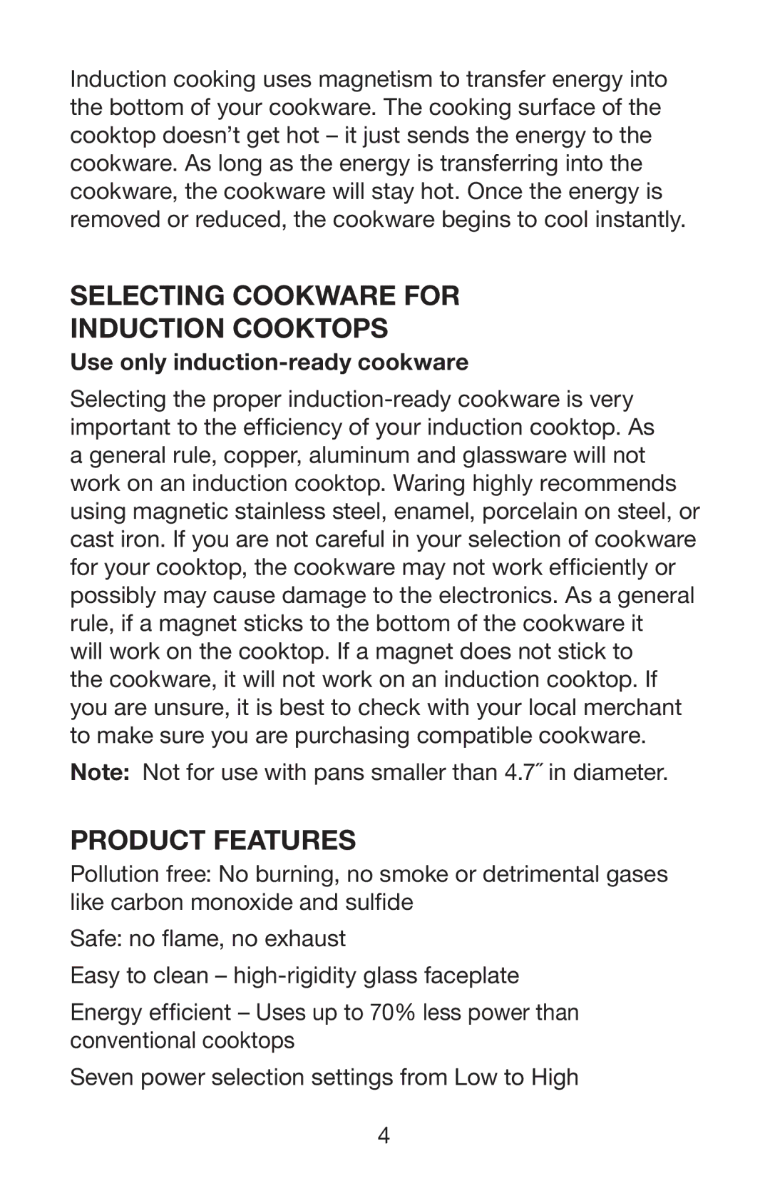 Waring ICT100 manual Selecting Cookware for Induction Cooktops, Product features, Use only induction-ready cookware 