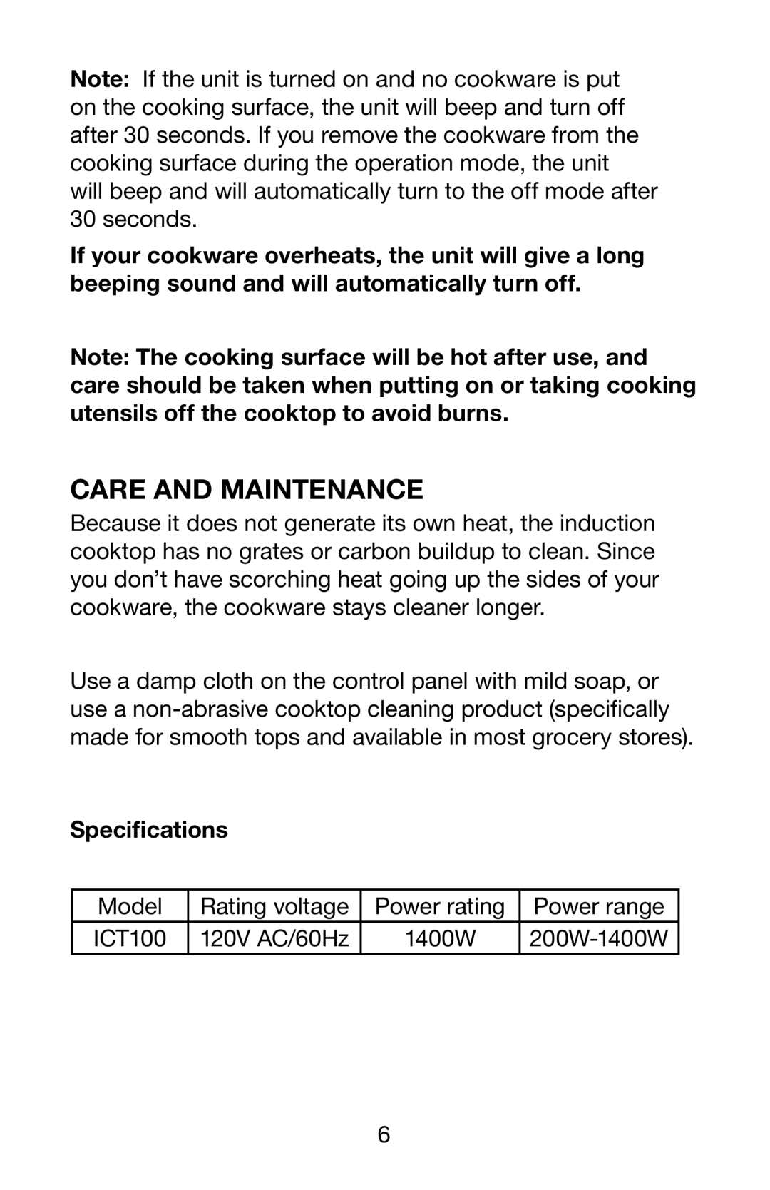 Waring ICT100 manual Care and Maintenance, Specifications 