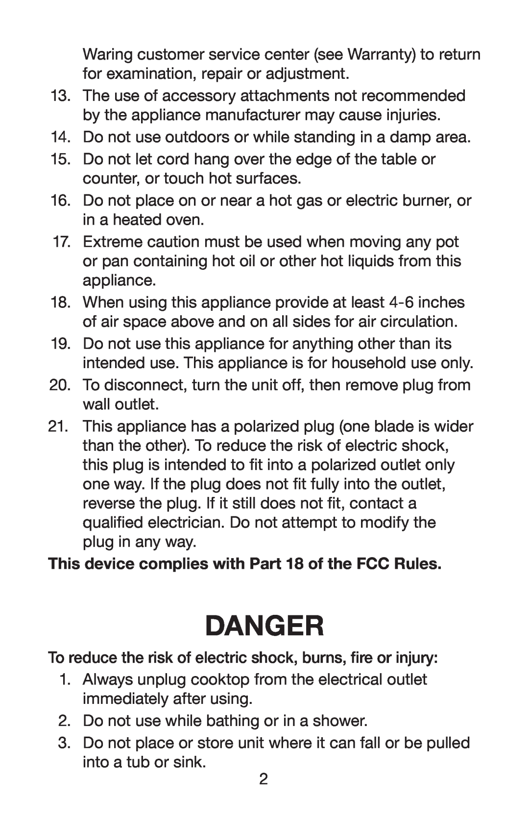 Waring ICT100 manual Danger 