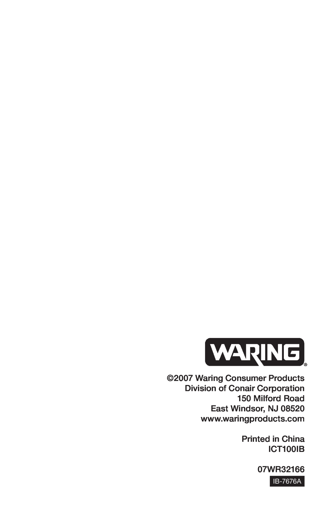 Waring ICT100 manual 07WR32166, IB-7676A 