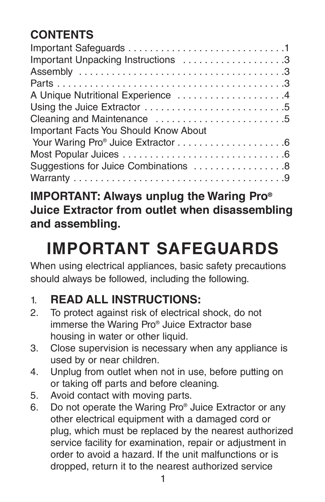 Waring JEX328 manual Contents, Read ALL Instructions 