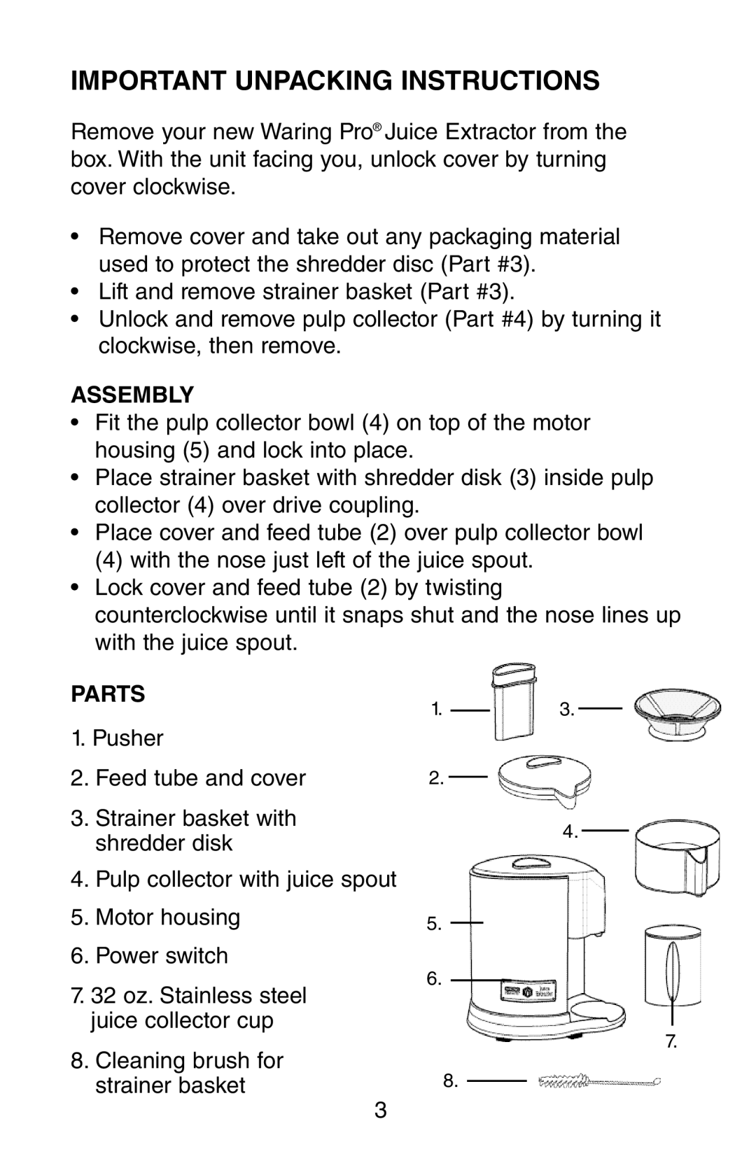 Waring JEX328 manual Important Unpacking Instructions, Assembly, Parts 