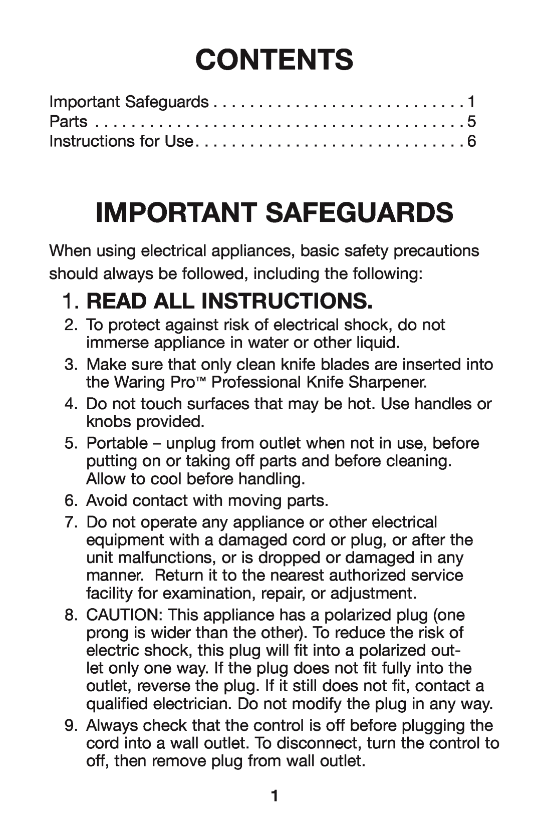 Waring KS80 manual Important Safeguards, Contents, Read All Instructions 