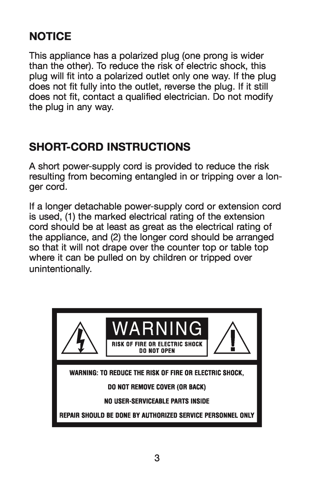 Waring KS80 manual Short-Cordinstructions 