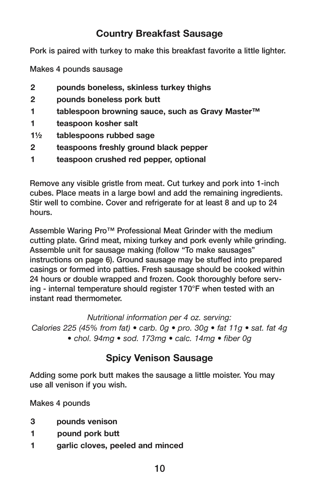 Waring MG800 manual Country Breakfast Sausage, Spicy Venison Sausage 