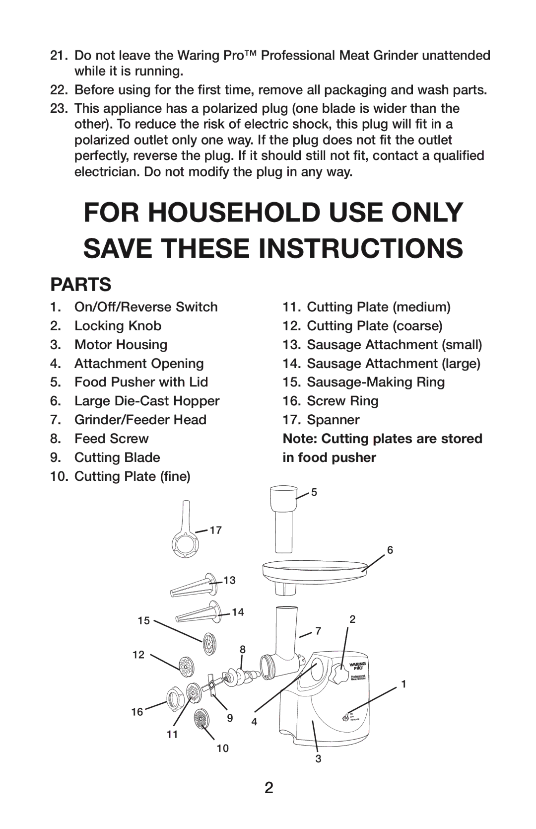 Waring MG800 manual FOR HOUSEHOLD USE ONLY Save These Instructions 