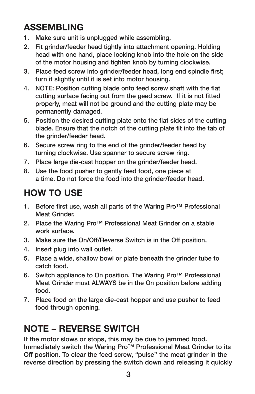 Waring MG800 manual Assembling, HOW to USE 