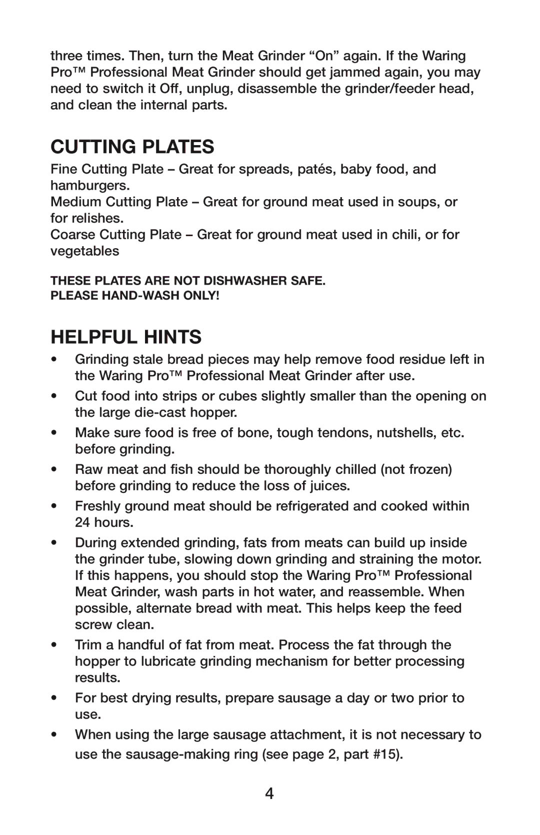 Waring MG800 manual Cutting Plates, Helpful Hints 