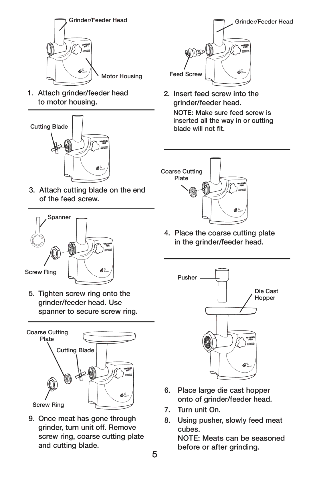 Waring MG800 manual Attach grinder/feeder head to motor housing 