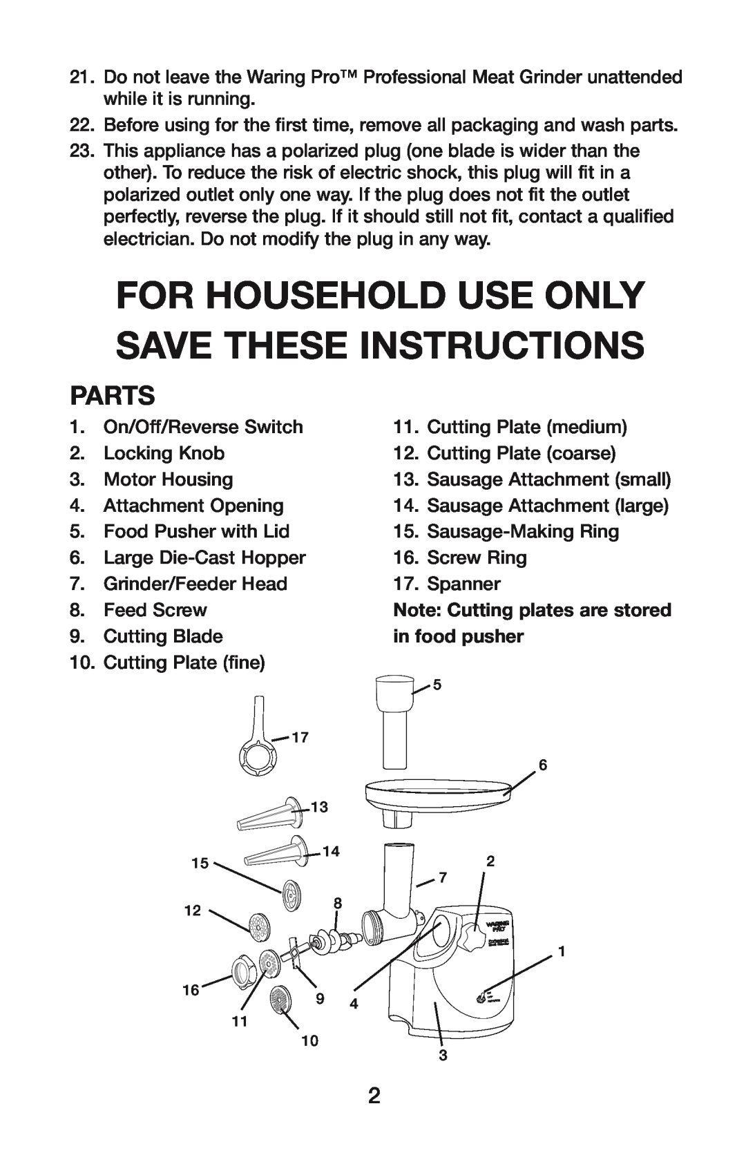 Waring MG800 manual Parts, For Household Use Only Save These Instructions 