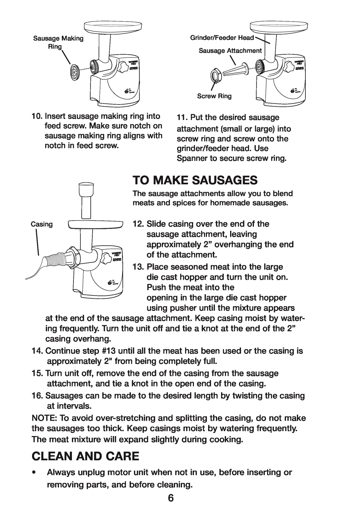 Waring MG800 manual To Make Sausages, Clean And Care 