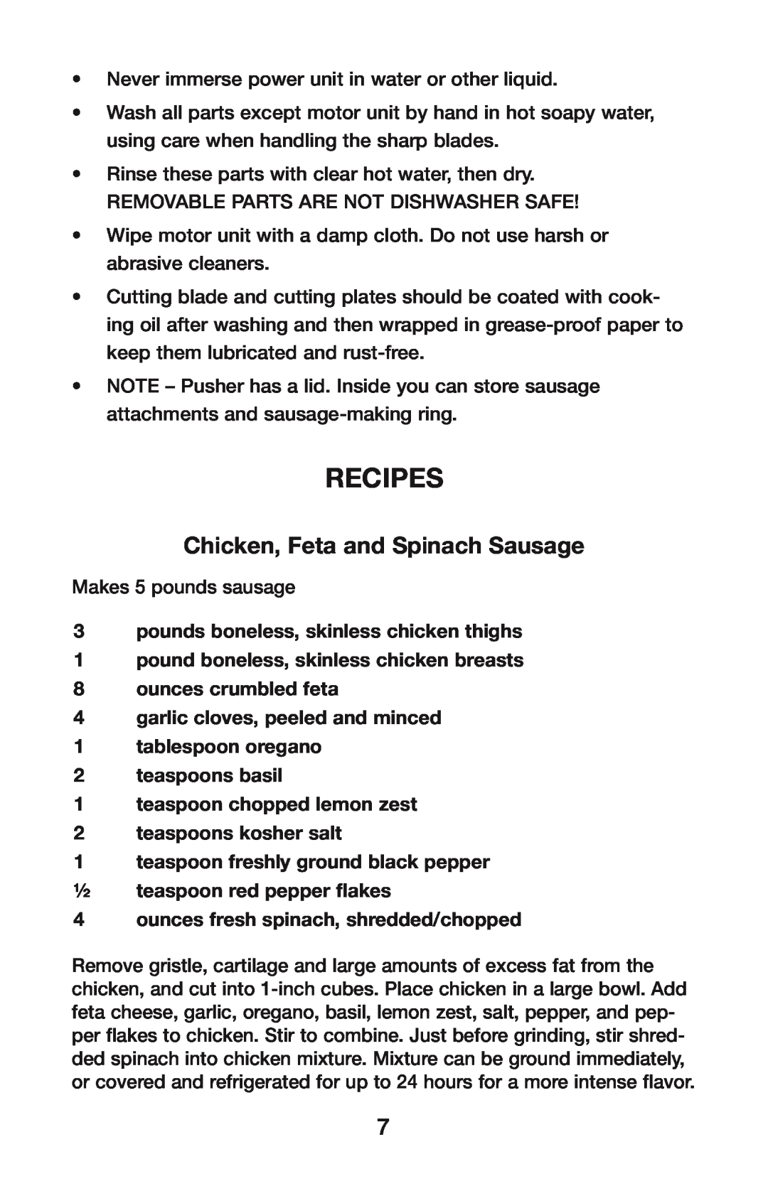 Waring MG800 manual Recipes, Chicken, Feta and Spinach Sausage 