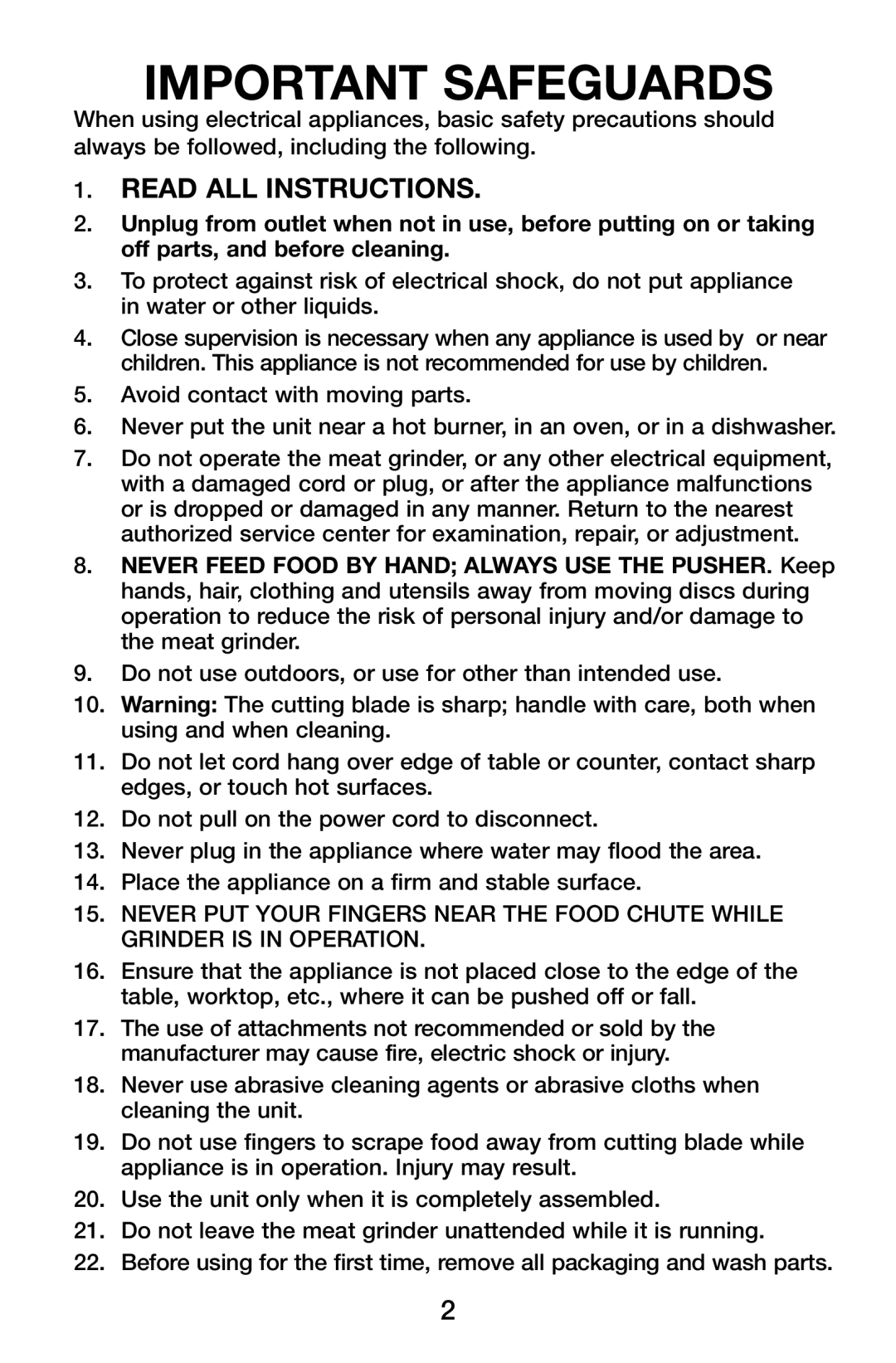 Waring MG855 manual Important Safeguards 