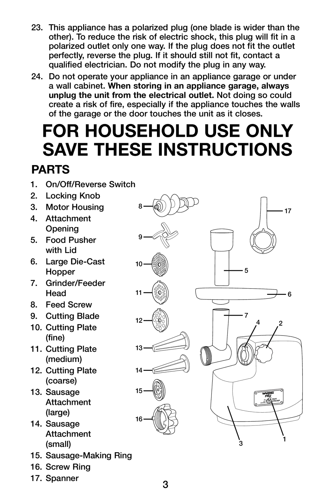 Waring MG855 manual For Household USE only Save These Instructions 