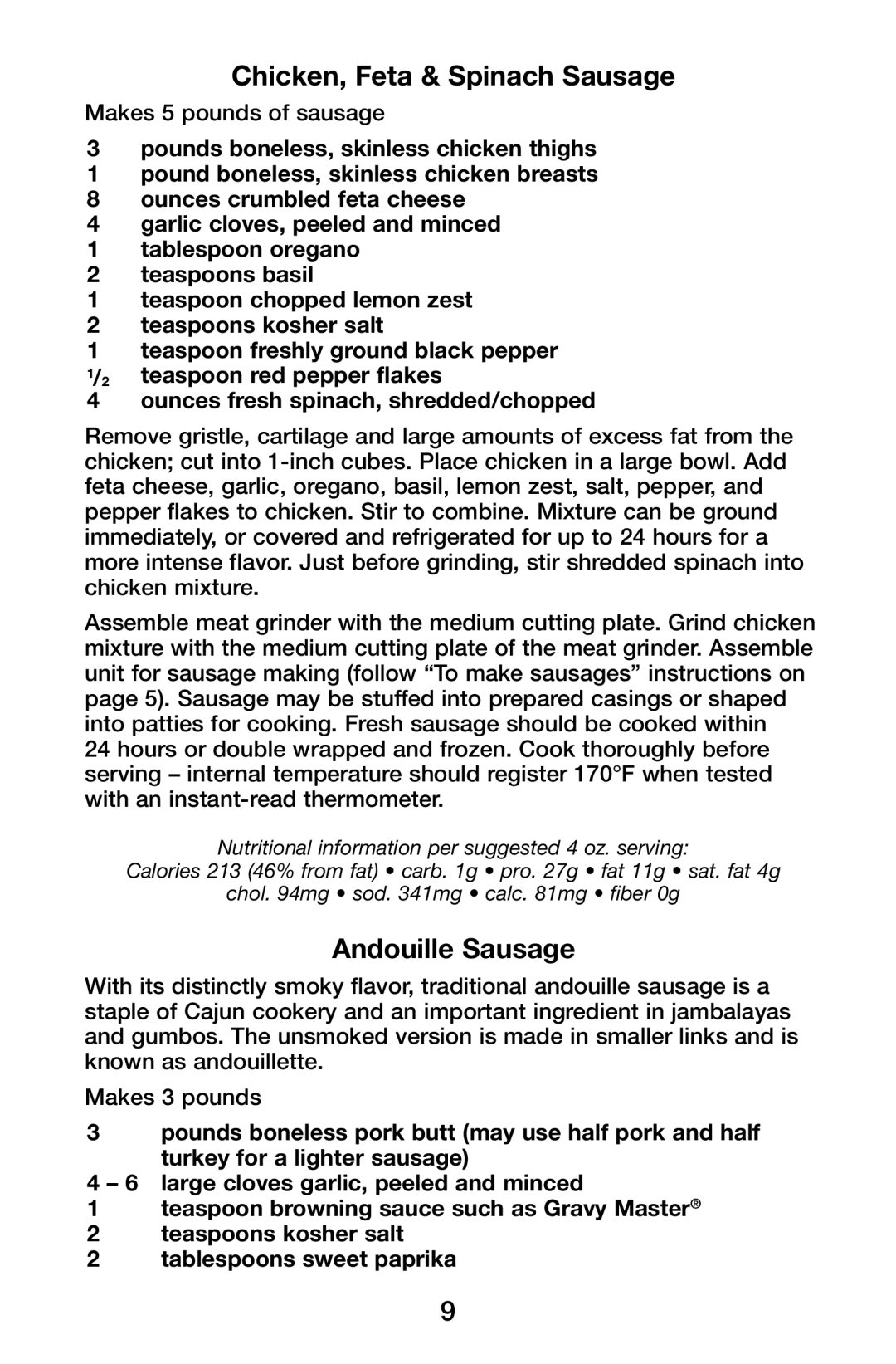 Waring MG855 manual Chicken, Feta & Spinach Sausage, Andouille Sausage 