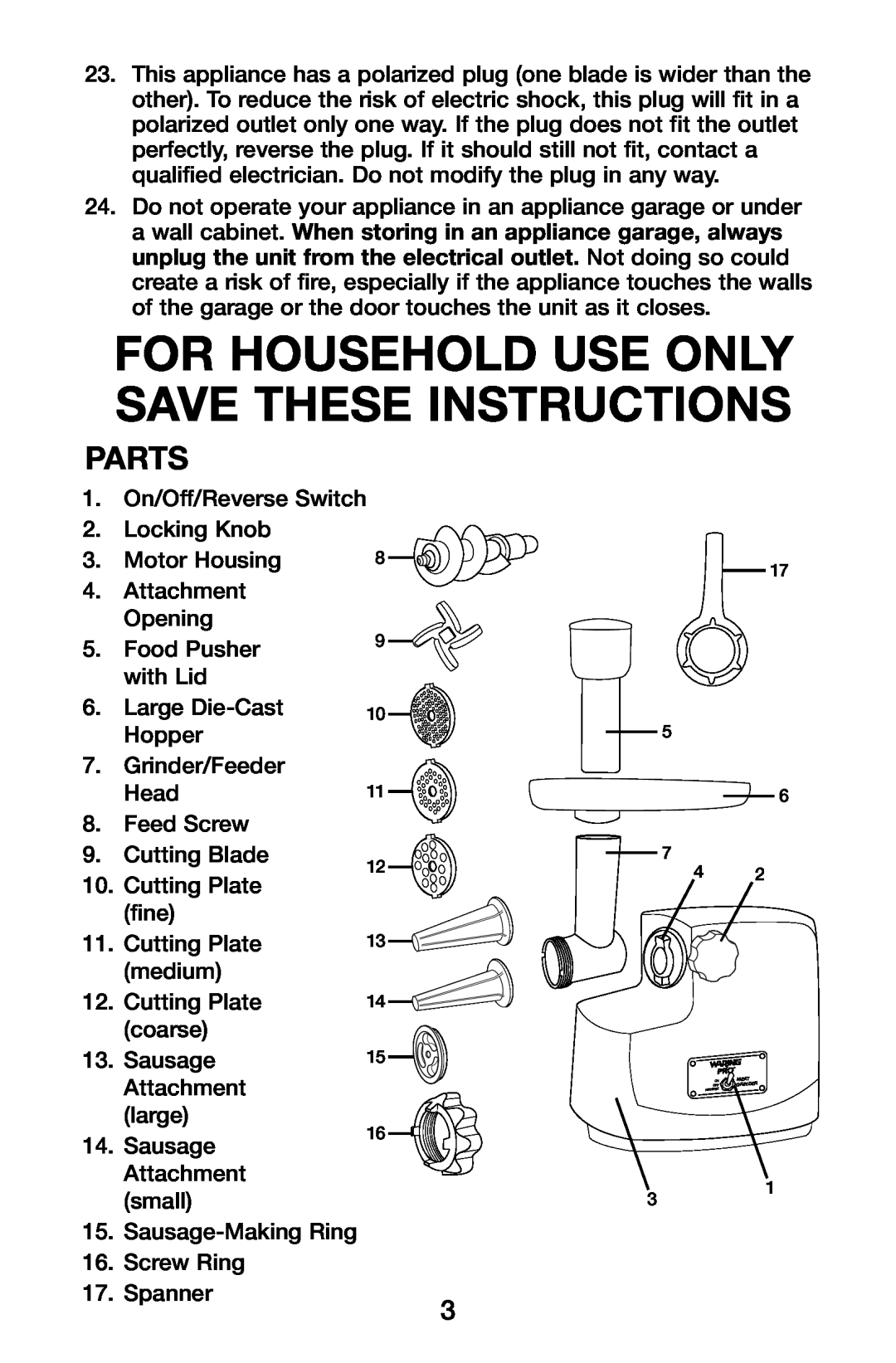 Waring MG855 manual For Household Use Only Save These Instructions, Parts 