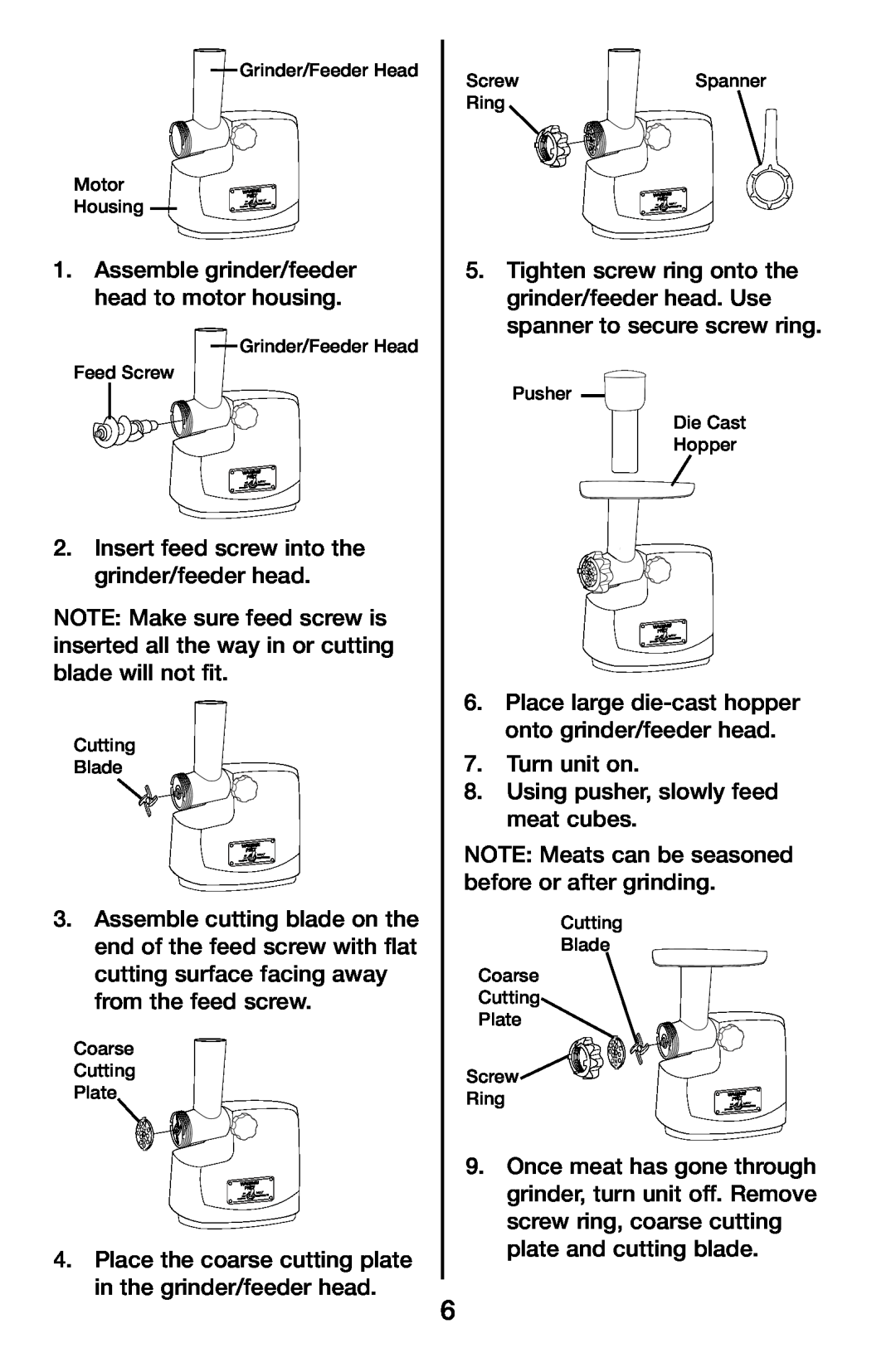 Waring MG855 manual Assemble grinder/feeder head to motor housing 