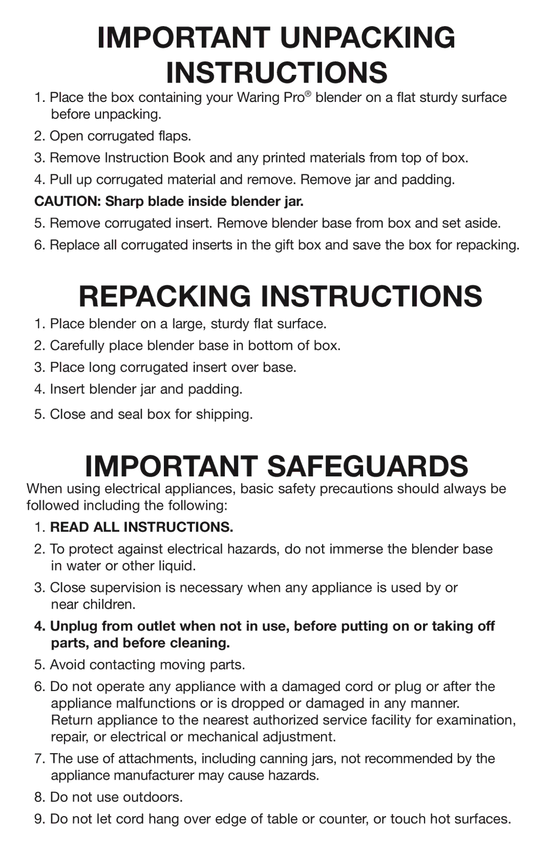 Waring MX1000R manual Important Unpacking Instructions, Read ALL Instructions 