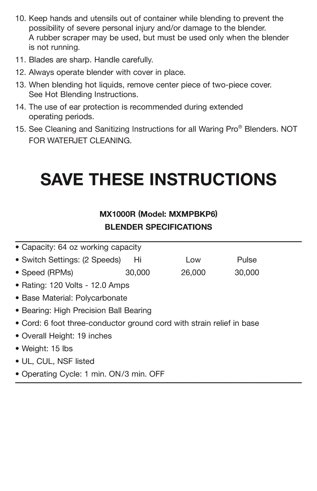 Waring manual MX1000R Model MXMPBKP6 Blender Specifications 