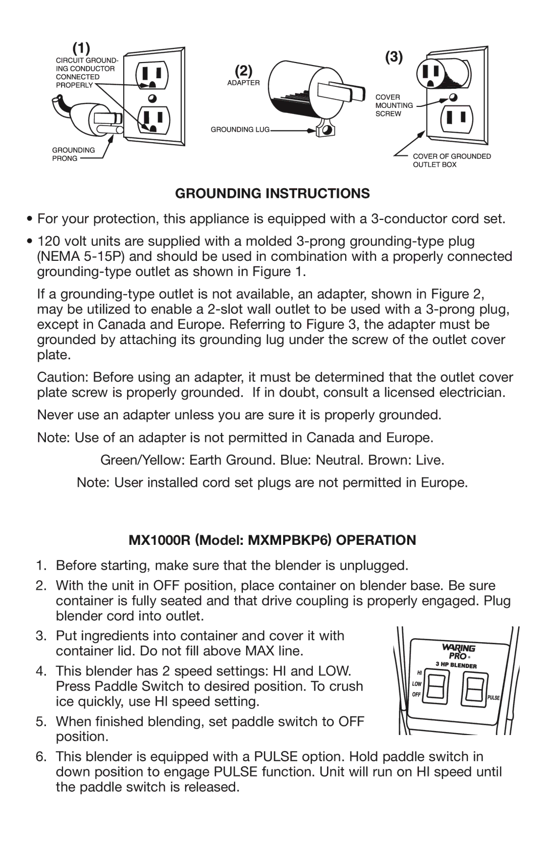 Waring manual Grounding Instructions, MX1000R Model MXMPBKP6 Operation 