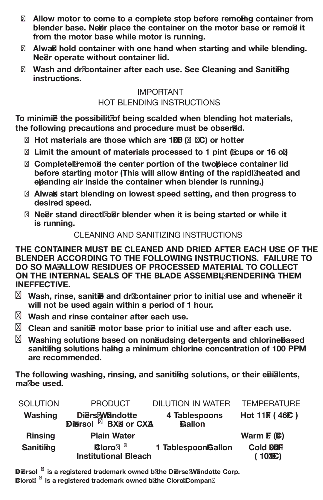 Waring MX1000R manual HOT Blending Instructions, Cleaning And Sanitizing Instructions 