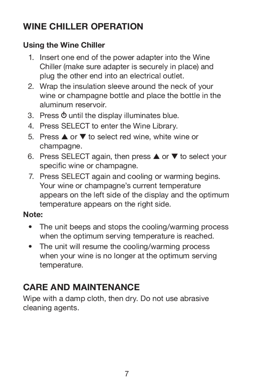 Waring PC100 manual Wine Chiller Operation 