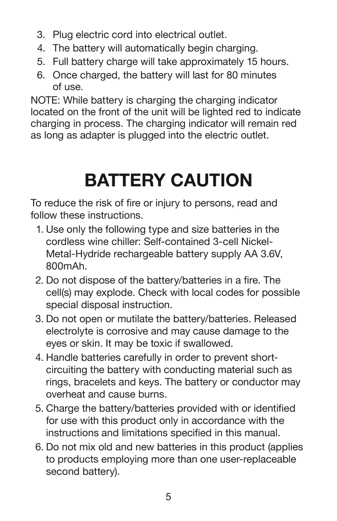 Waring PC50 manual Battery Caution 