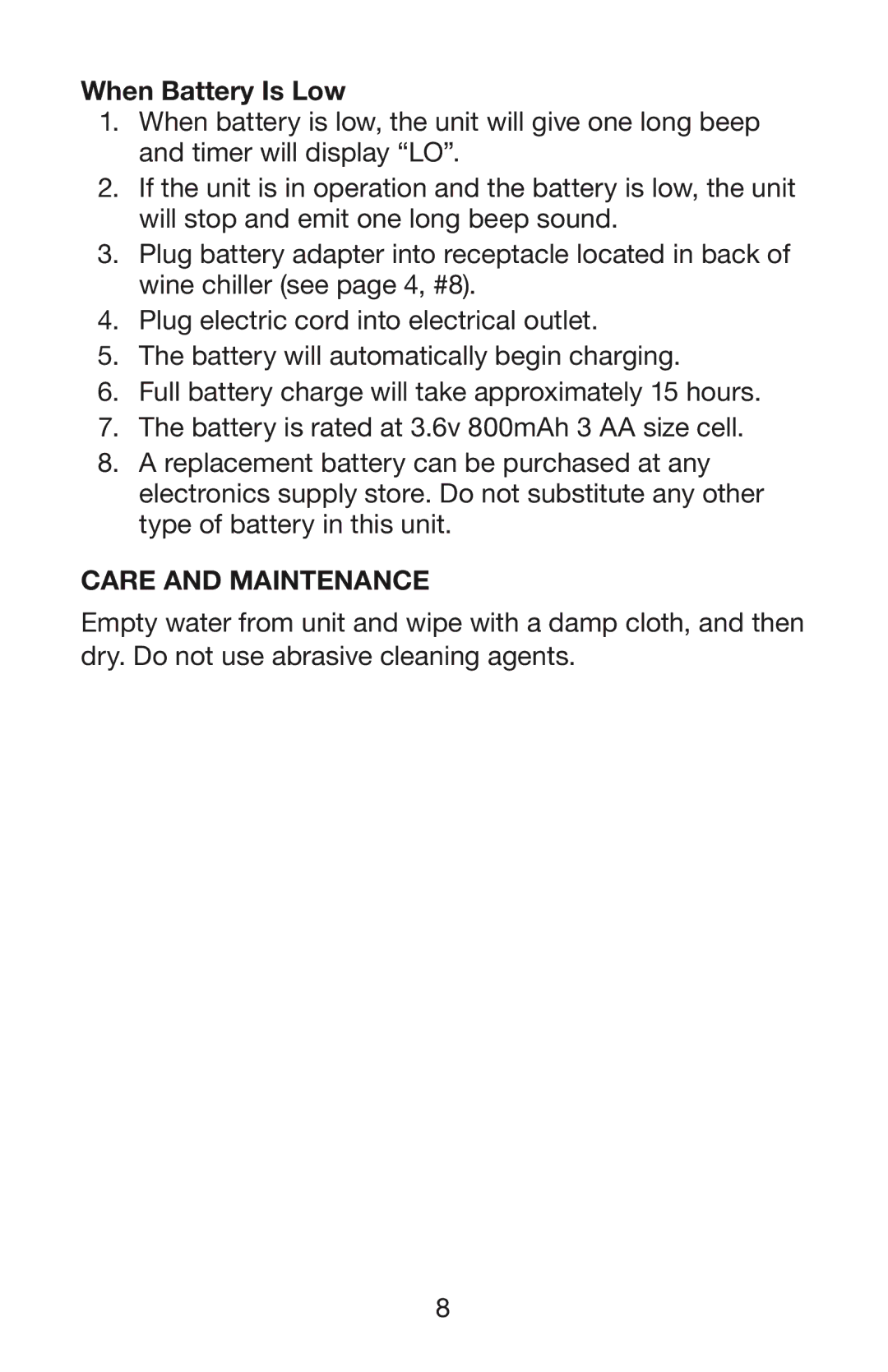 Waring PC50 manual When Battery Is Low, Care and Maintenance 