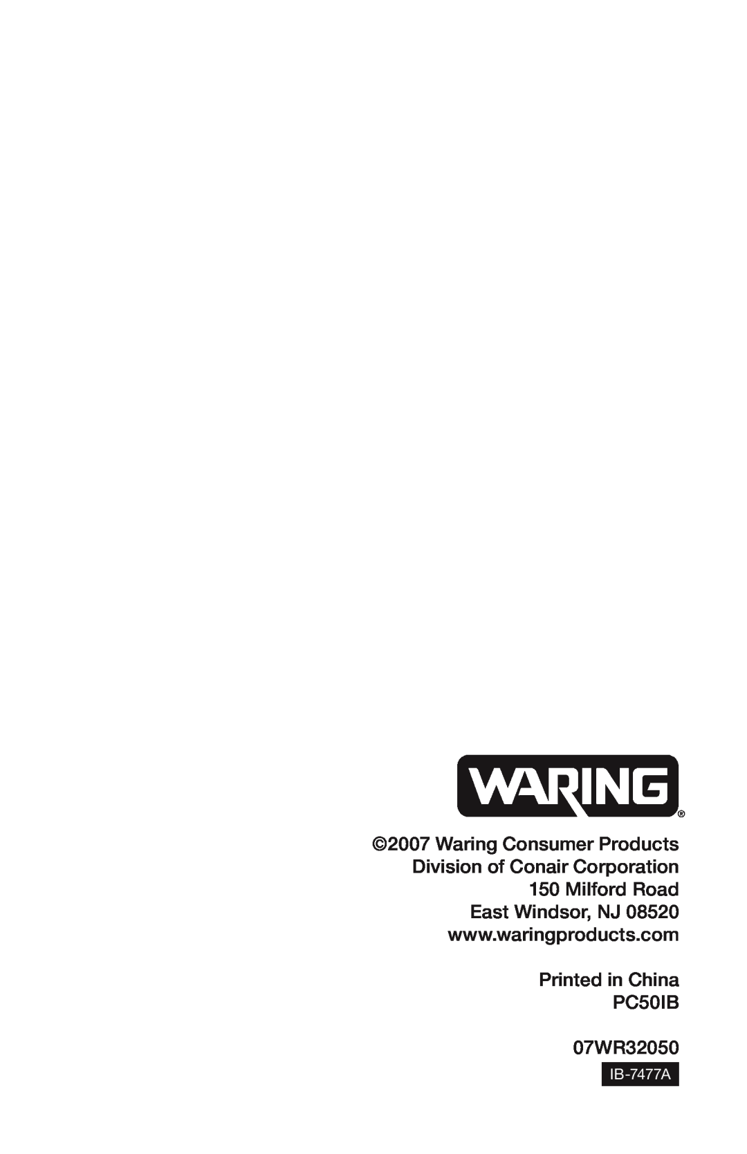 Waring PC50 manual 07WR32050, IB-7477A 