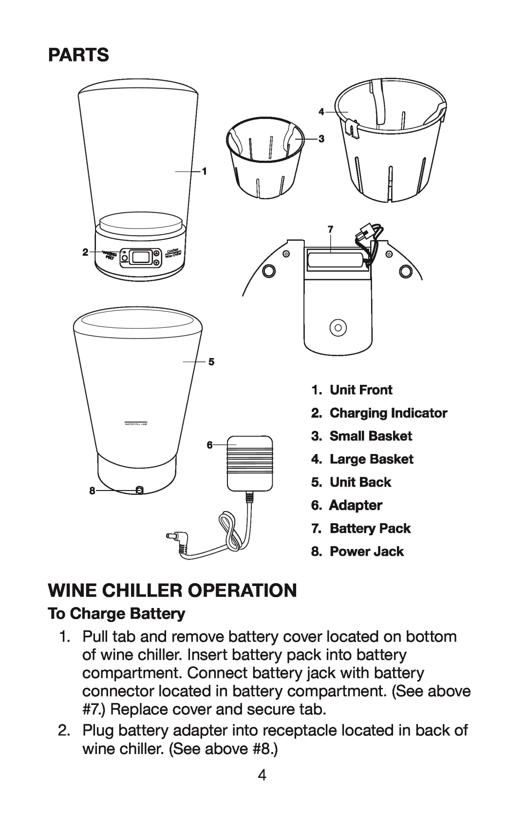 Waring PC50 manual Parts Wine Chiller Operation, To Charge Battery 