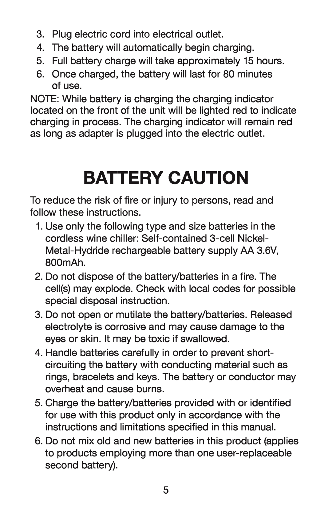 Waring PC50 manual Battery Caution 