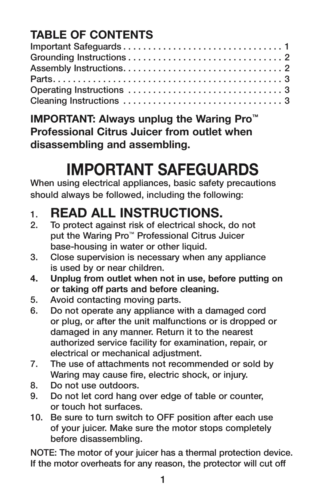 Waring PCJ201, PCJ218 manual Important Safeguards, Table of Contents 