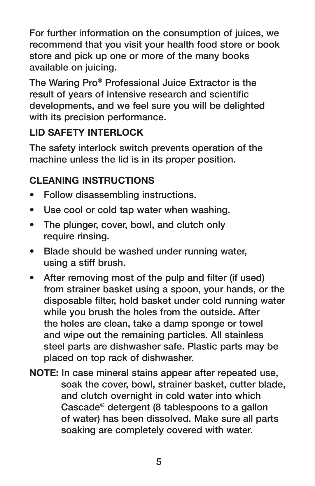 Waring PJE Series manual LID Safety Interlock, Cleaning Instructions 