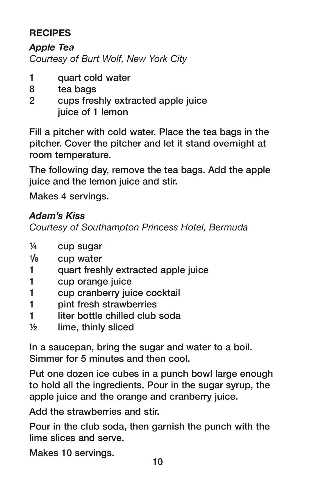Waring PJE Series manual Recipes, Apple Tea, Courtesy of Burt Wolf, New York City, Adam’s Kiss 