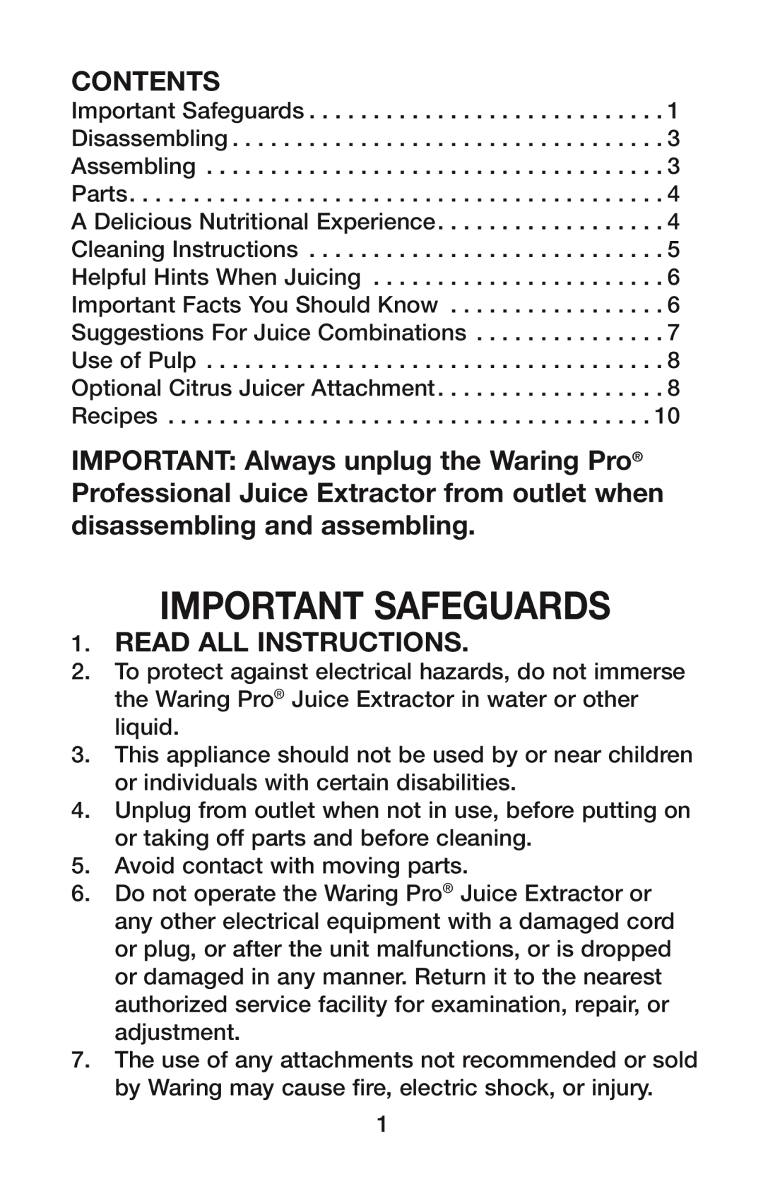 Waring PJE Series manual Important Safeguards, Contents, Read All Instructions 