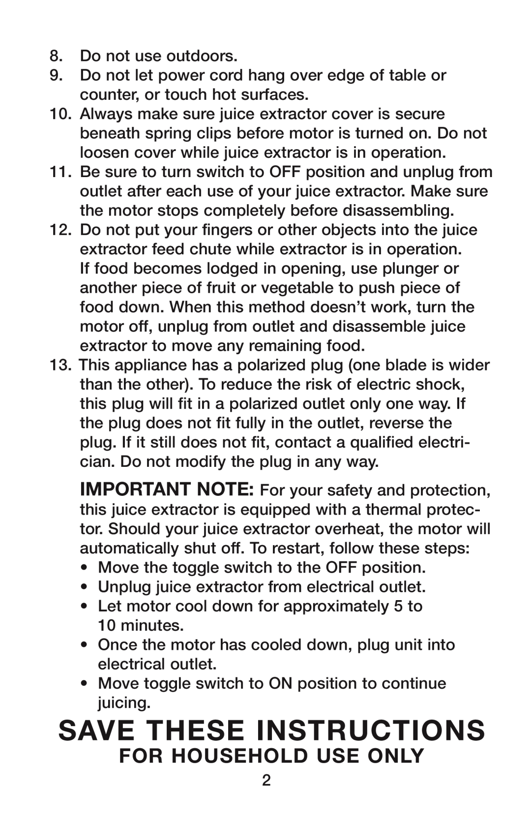 Waring PJE Series manual Save These Instructions, For Household Use Only 