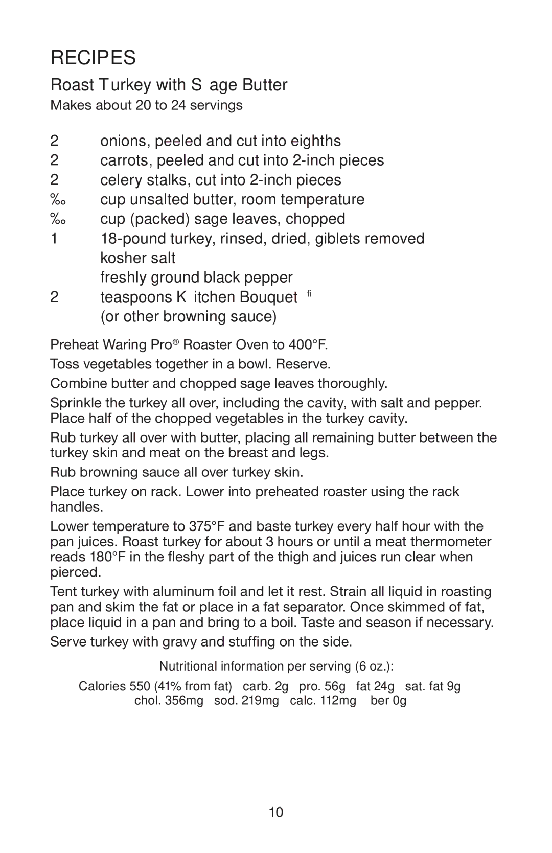 Waring RO18B manual Recipes, Roast Turkey with Sage Butter 