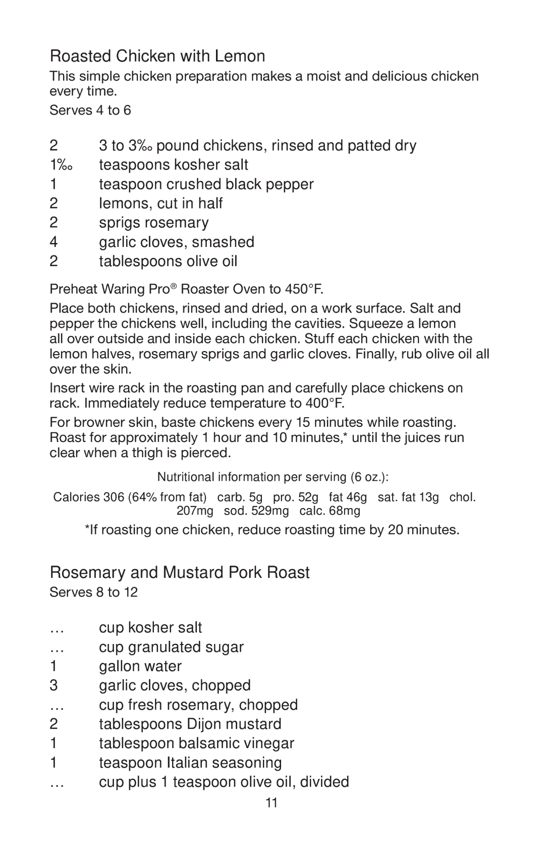 Waring RO18B manual Roasted Chicken with Lemon, Rosemary and Mustard Pork Roast 