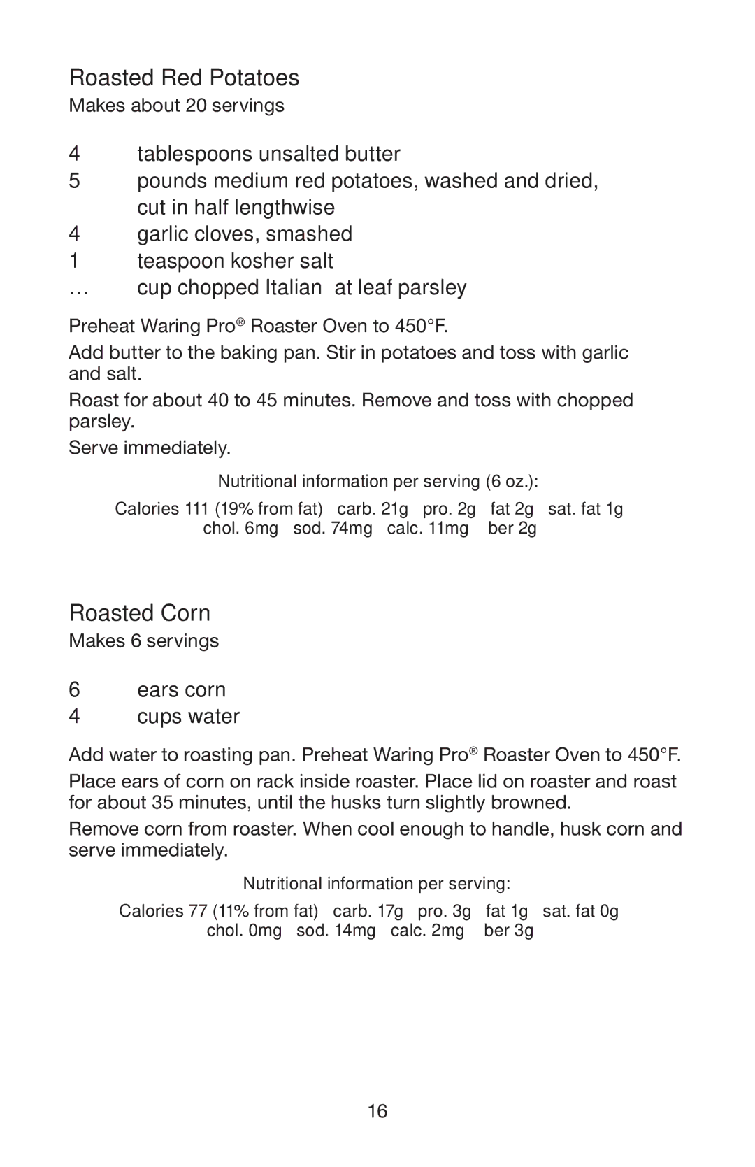 Waring RO18B manual Roasted Red Potatoes, Roasted Corn 