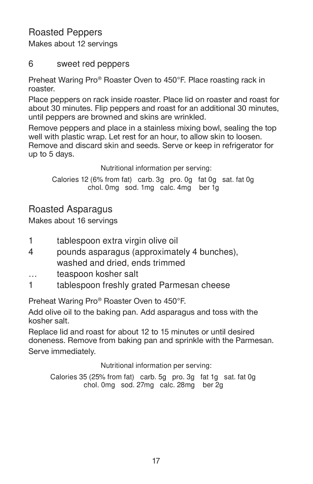 Waring RO18B manual Roasted Peppers, Roasted Asparagus 