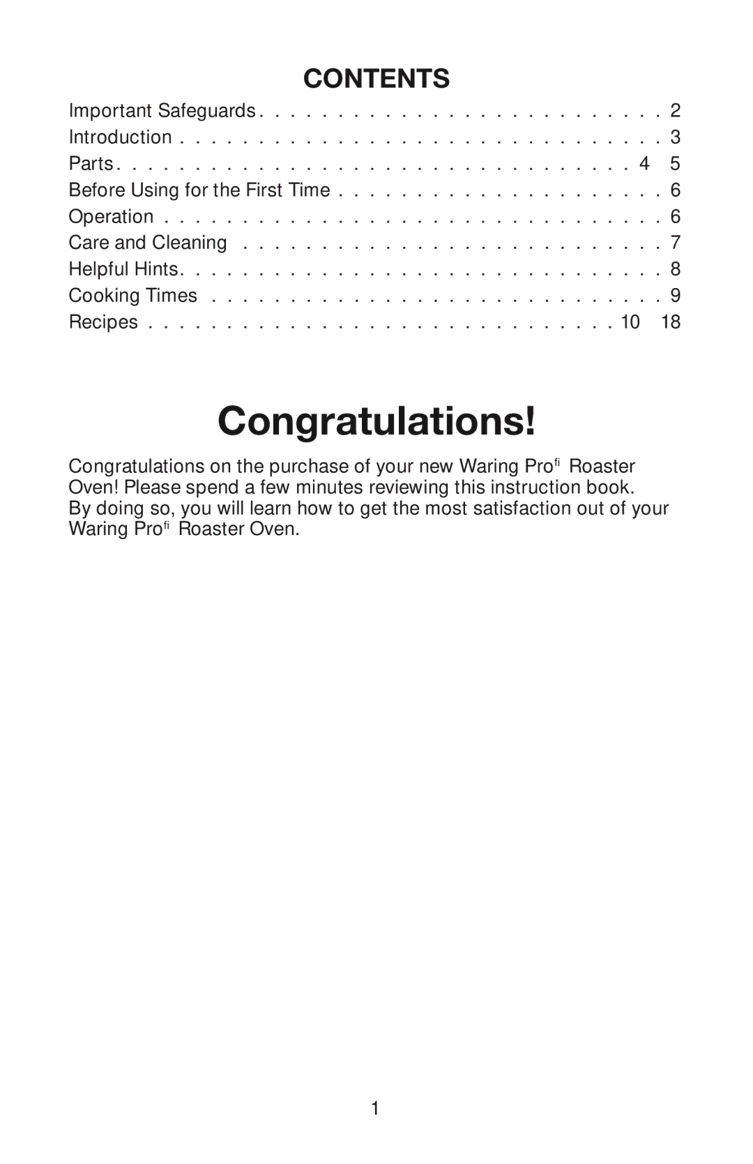 Waring RO18B manual Congratulations, Contents 