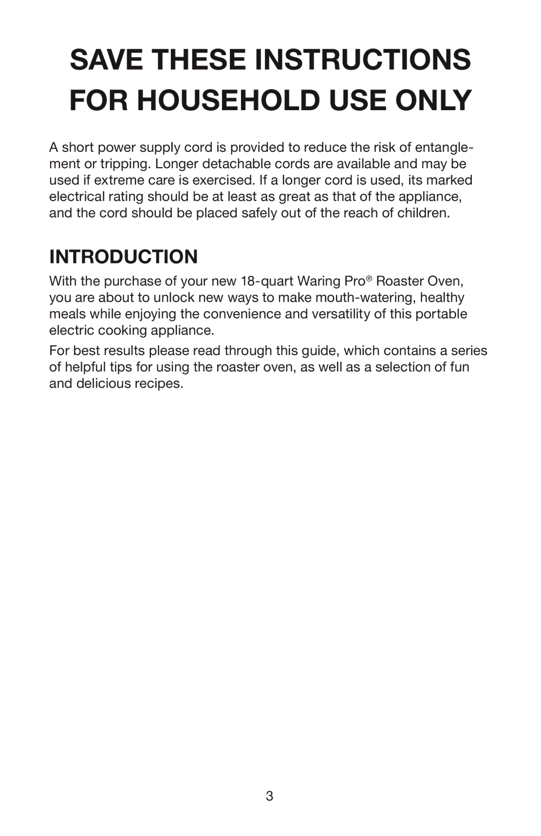 Waring RO18B manual Save These Instructions for Household USE only 