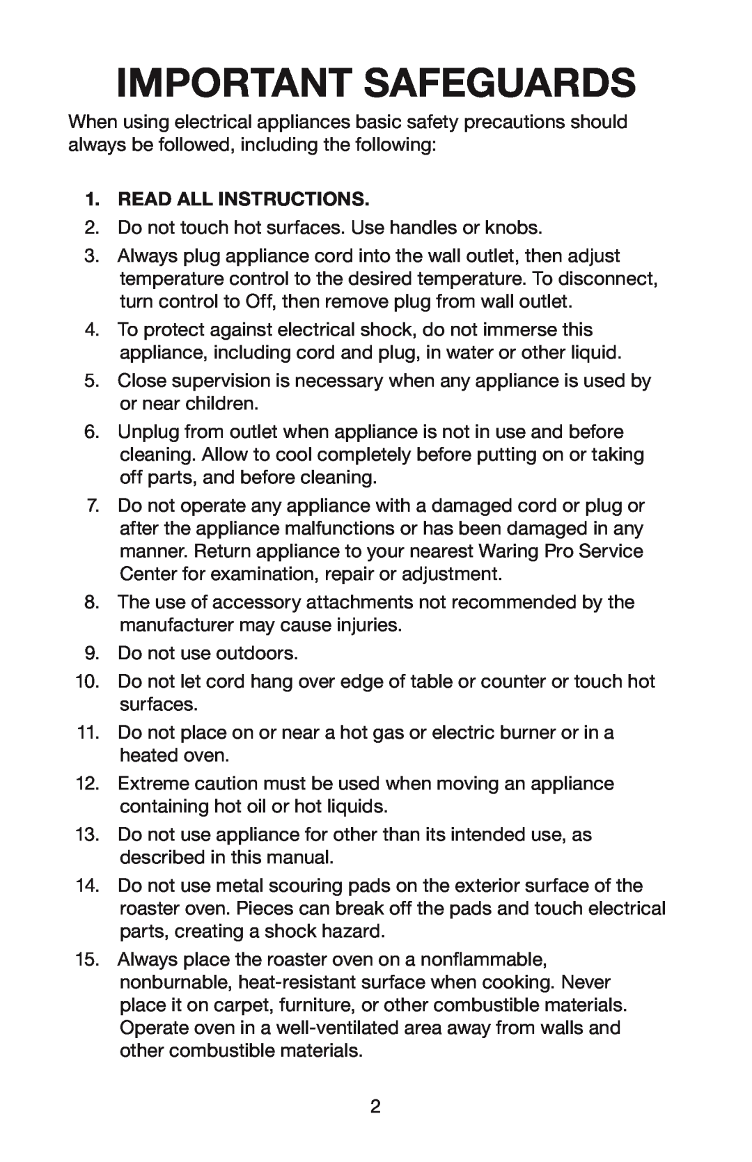 Waring RO18B manual Important Safeguards, Read All Instructions 