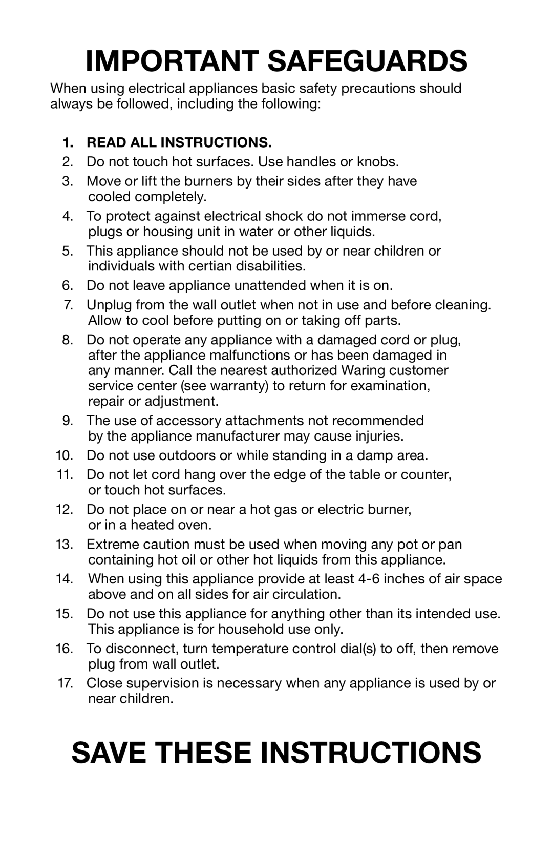 Waring SB30 manual Important Safeguards, Read ALL Instructions 