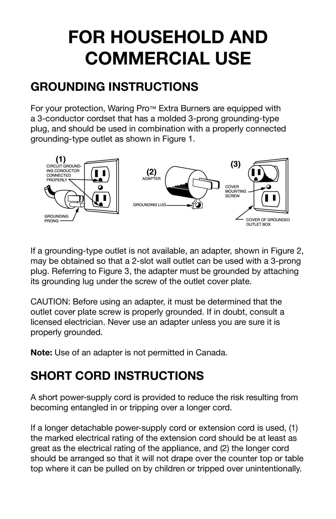 Waring SB30 manual For Household Commercial USE, Grounding Instructions, Short Cord Instructions 