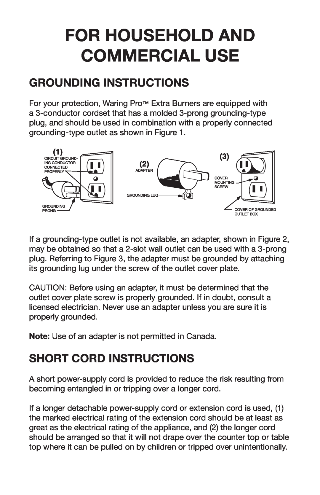 Waring SB30 manual For Household And Commercial Use, Grounding Instructions, Short Cord Instructions 