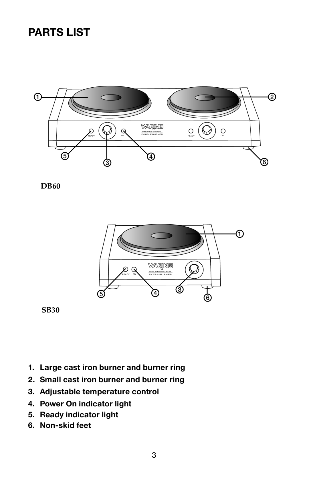 Waring SB30 manual Parts List, Large cast iron burner and burner ring, Small cast iron burner and burner ring, DB60 
