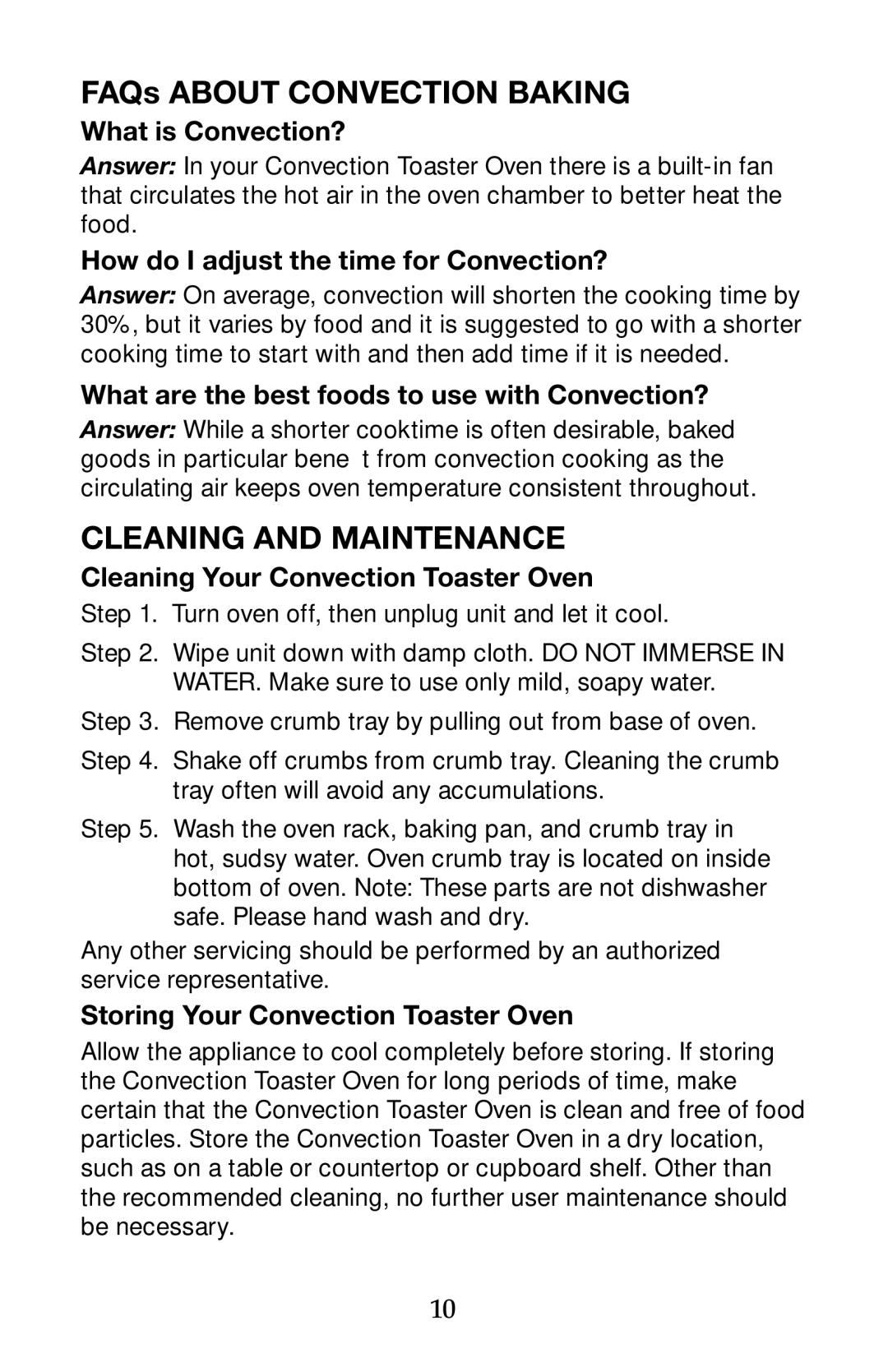 Waring TCO650 manual FAQs About Convection Baking, Cleaning and Maintenance 