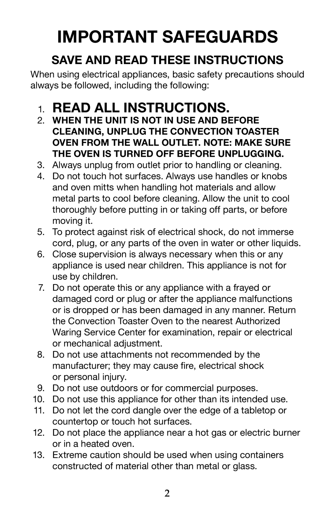 Waring TCO650 manual Important Safeguards, Save and Read These Instructions 